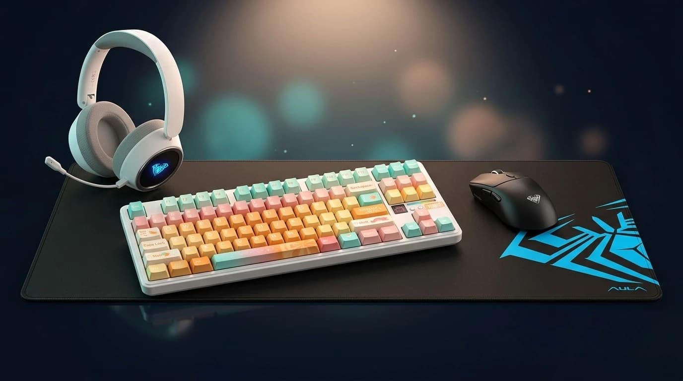 An AULA F87PRO V2 pastel keyboard, SC580X ergonomic mouse and A600 white headset on a large MP-XL desk mat